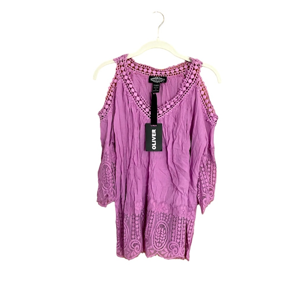 Small Lilac Lace cold shoulder top with bell sleeves